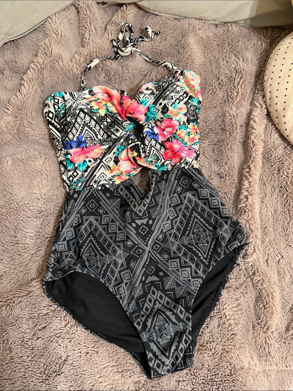 Floral & Geo Print One-Piece Swimsuit in Black